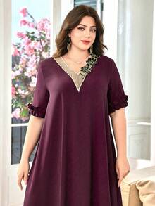Lacomfia Vestido con cuello redondo, volantes en los puños y largo hasta el tobillo, de estilo árabe, en talla grande y de color liso - Burdeos - Ver 4
