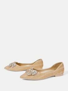 CUCCOO HITCHD 新款水钻蝴蝶结尖头平底鞋，优雅时尚舒适百搭迷人黑色鞋履 - 香檳色 - 查看 3