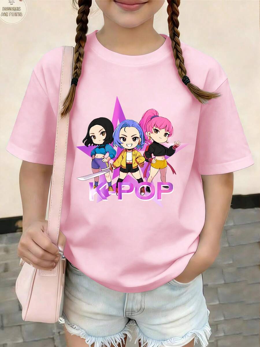 女童休闲时尚短袖T恤，采用卡通人物图案设计，舒适透气，适合春夏穿着，是休闲外出、返校、聚会、户外活动和送礼的理想之选。 - 粉色 - 查看 1