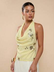 COSMINA Áo kiểu nữ hai dây, đính hạt, chất liệu chiffon, cổ yếm, hở lưng, thích hợp cho tiệc cưới, cocktail, phong cách tối giản Y2K, màu kem. - Vàng nhạt - Xem 4