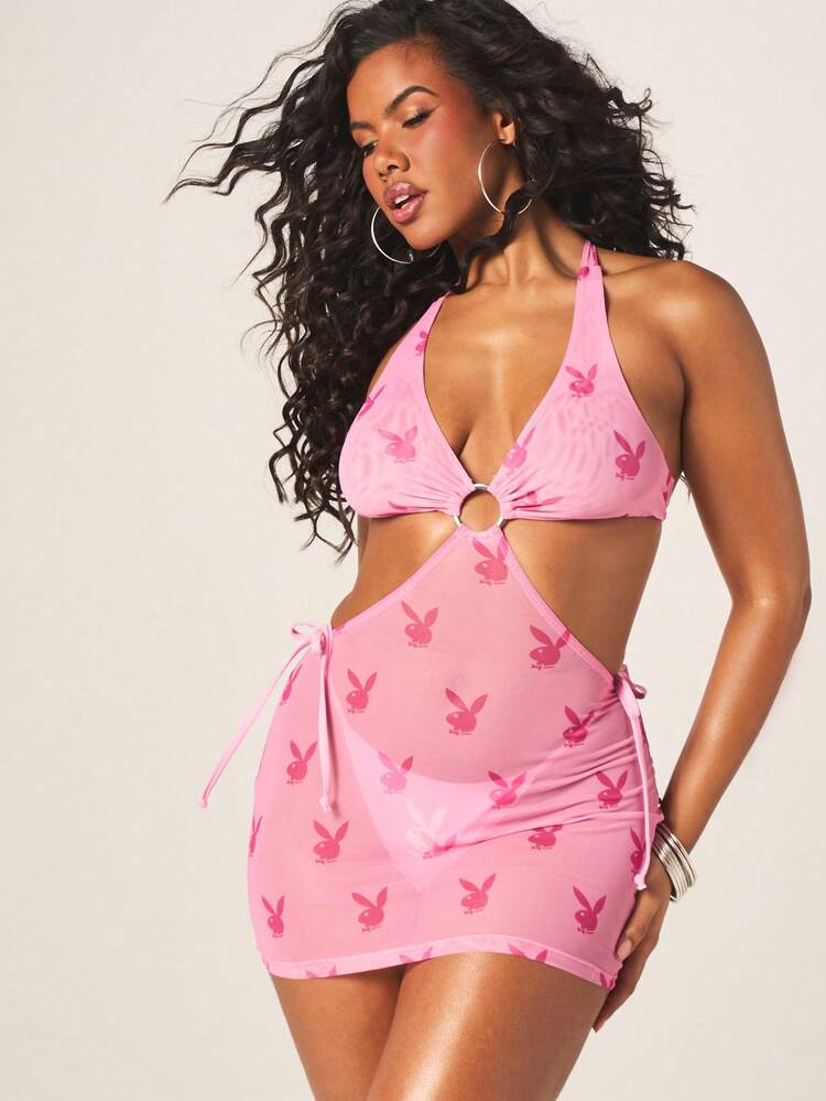 Missguided x Playboy Halterneck Cut Out Mini Beach Cover Up Dress With Bunny Print And Tie Details Summer Vacation Beachwear