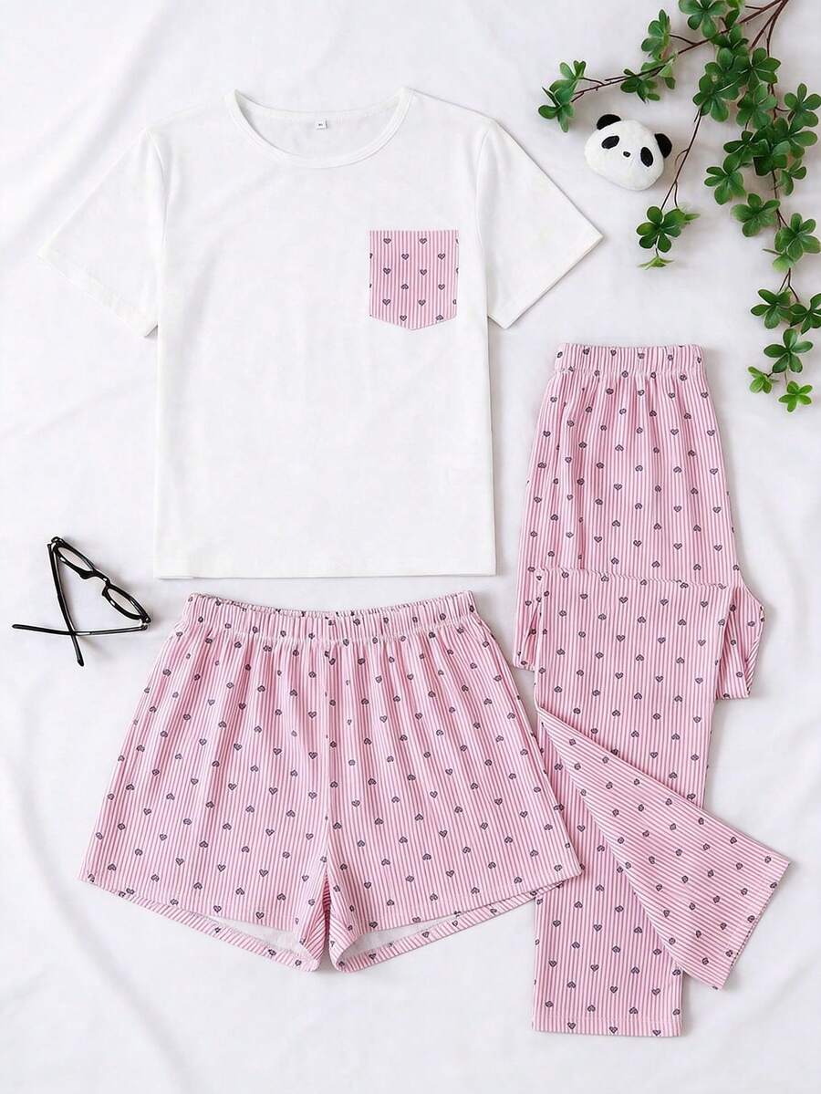 SHEIN Casual 3 Pieces Lounge Set With Cute Heart Print And Pocket Detail - Pink - View 1