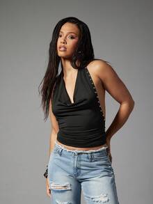 Denimoi Women's Solid Color Plunging Neck Backless Studded Decor Sexy Versatile Top For Dates & Parties - Black - View 4