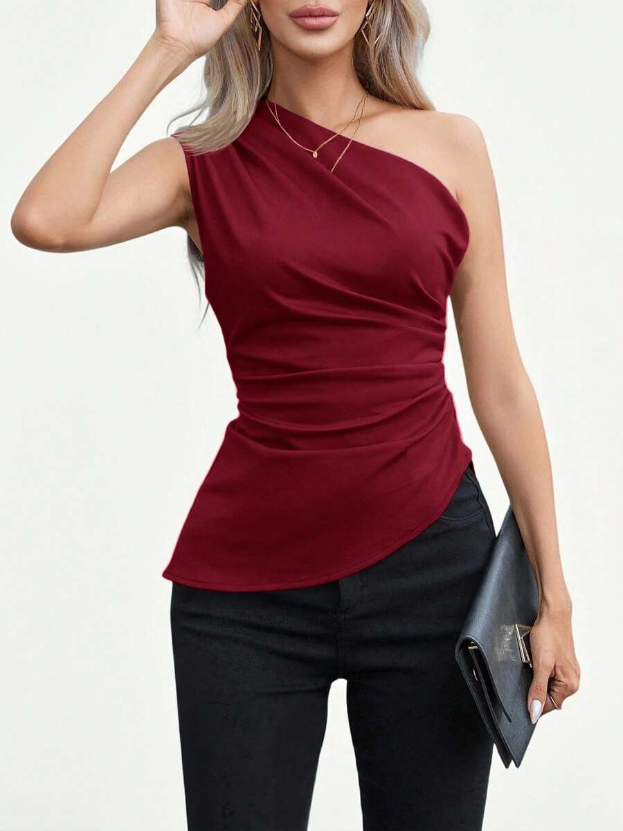 Aveloria Modichic 女士休闲通勤纯色褶裥腰部无袖上衣，夏季 - 紅木色 - 查看 1