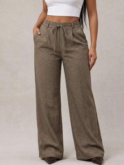 SHEIN SXY Vintage Waist Pocket Plaid Straight Leg Pants,Summer, Spring,Going Out,Elegant , Plaid