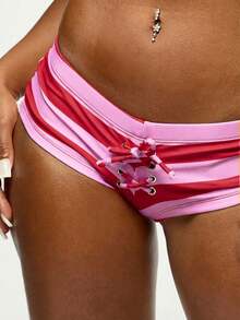 SUMWON WOMEN Bộ bikini hai mảnh kẻ sọc màu hồng đỏ dành cho nữ, kiểu yếm, áo tam giác và quần cạp thấp, thích hợp mặc đi biển mùa hè. - Nhiều màu - Xem 7