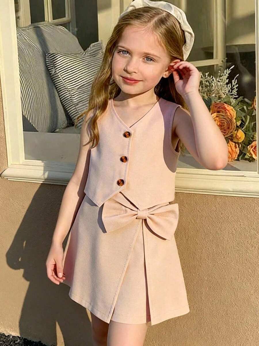 Elladie kids 两件套女童卡其色无袖独特设计背心上衣和不对称蝴蝶结装饰半裙套装，时尚通勤装，优雅儿童夏季裙装套装，女童中性连衣裙，裸色连衣裙，女童半裙两件套，儿童小女孩米色连衣裙，女童蝴蝶结连衣裙，女童杏色连衣裙 - 卡其色 - 查看 1