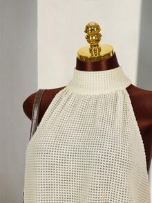 Amplova Vestido mini de mujer con cuello alto, textura de tela transparente y flor 3D en la cintura, de estilo boho romántico para vacaciones - Albaricoque - Ver 5