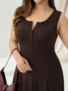 Auralis Plus Size Chocolate Brown Summer Smart Casual Vacation Holiday Solid Color Minimalist Sleeveless Dress,Everyday Button Down Long Dress With Pockets - Coffee Brown - View 4