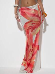 Coolane Women's Spring/Summer Knitted Mesh Printed Low Waisted Bodycon Mermaid Hem Women Skirt, Elegant Placement Print Mermaid-Style Midi Skirt, Date Clothes - Apricot - View 1