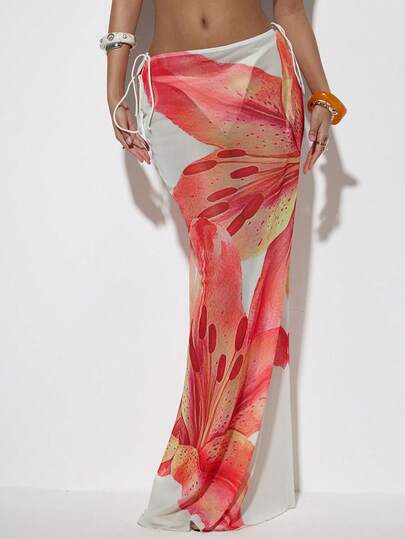 Coolane Women's Spring/Summer Knitted Mesh Printed Low Waisted Bodycon Mermaid Hem Women Skirt, Elegant Placement Print Mermaid-Style Midi Skirt, Date Clothes