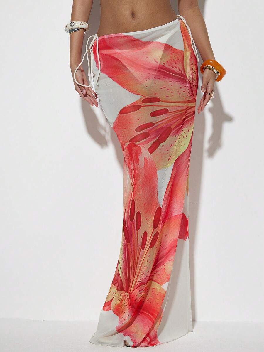 Coolane Women's Spring/Summer Knitted Mesh Printed Low Waisted Bodycon Mermaid Hem Women Skirt, Elegant Placement Print Mermaid-Style Midi Skirt, Date Clothes - Apricot - View 1