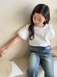 DAZY Girls (Small) Round Neck Ruffle Trim Puff Sleeve T-Shirt - White - View 5