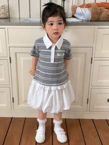 DAZY 女童条纹领连衣裙，韩版 - 灰色 - 查看 2