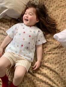 DAZY Baby Girls' Round Neck Korean Style Star Print Long Sleeve T-Shirt And Shorts Pajama Set Summer Toddler - Yellow - View 6