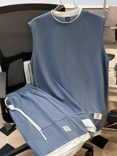 Manfinity Joysei Men's Casual Letter Patched Round Neck Tank Top And Shorts Set, Summer Blue Two Piece Set Men, Cozy Outfits