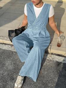 Dazy Plus Vintage Washed Blue Sexy Deep V-Neck Sleeveless Denim Jumpsuit, Plus Size For Women, Spring/Autumn - Baby Blue - View 6