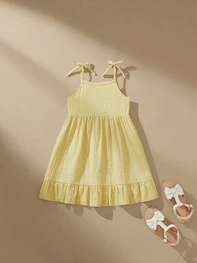 SHEIN 1pc Girls' Summer Spaghetti Strap Dress With Bow Tie, Yellow Color, Ruffled Hem, Casual Cute Vacation Dress For Outdoor & School