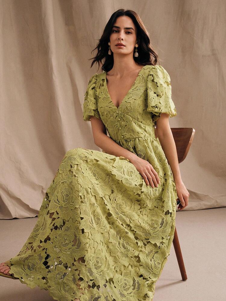 French Romantic Hollow Lace Dress With Puff Sleeves, V-Neck Waist Cinched Women's Dress