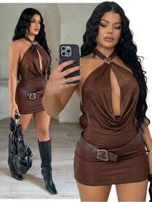 SHEIN SXY Women's Sexy & Elegant Brown Draped Neck Backless Fitted Bodycon Dress With Belt, Summer,Carnival,Party,Rave Outfit ,Summer, Spring,Going Out,Y2K, Brown Dress Women, Chocolate Brown Dress, Sexy Brown Dress, Brown Halter Dress, Coffee Brown Dress Brown Short Dress Brown Mini Dress Sexy Club Outfit - Brown - View 4