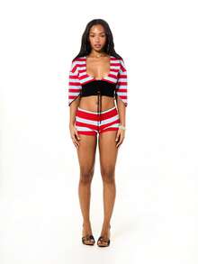 SUMWON WOMEN Ribbed Knit Striped High Rise Hot Pants Booty Shorts With Lace Up Corset Detail - Multicolor - View 3