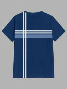 Manfinity Homme 男士加大码海军蓝极简条纹印花休闲T恤 - 藏蓝色 - 查看 5