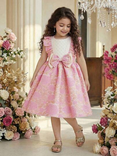Glamorique Kids Young Girls Elegant Bowknot Floral Print Ruffle Hem Party Dress