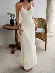 Pariaura Women's Elegant And Casual Apricot V-Neck Sexy Backless Halter Loose Maxi Beach Vacation Dress - Apricot - View 5