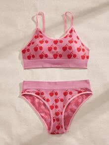 Eraneu 2件套樱桃印花浪漫优雅无缝舒适内衣套装 - 粉色 - 查看 7