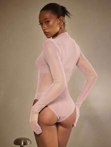 Athîral 女士性感透视网纱长袖连体衣 - 淺粉色 - 查看 2