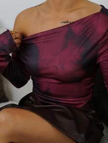SAYEHFBABY 优雅浪漫的酒红色扎染露肩长袖上衣 - 复古富贵风格秋冬女士派对服饰，完美适用于约会、情人节、夜店、婚礼和鸡尾酒会。 - 彩色 - 查看 3