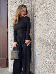 Jeta Ari Women's Casual Pleated Loose Straight Leg Jumpsuit With Oblique Shoulder And Long Sleeve, Suitable For Spring And Autumn - Black - View 4