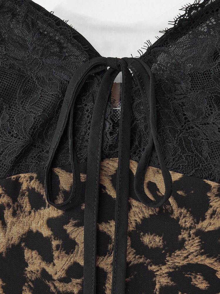 Leopard Print Midi Dress With Sexy Black Lace Panel Detail And Tie Front Fall Women Clothes Autumn Winter