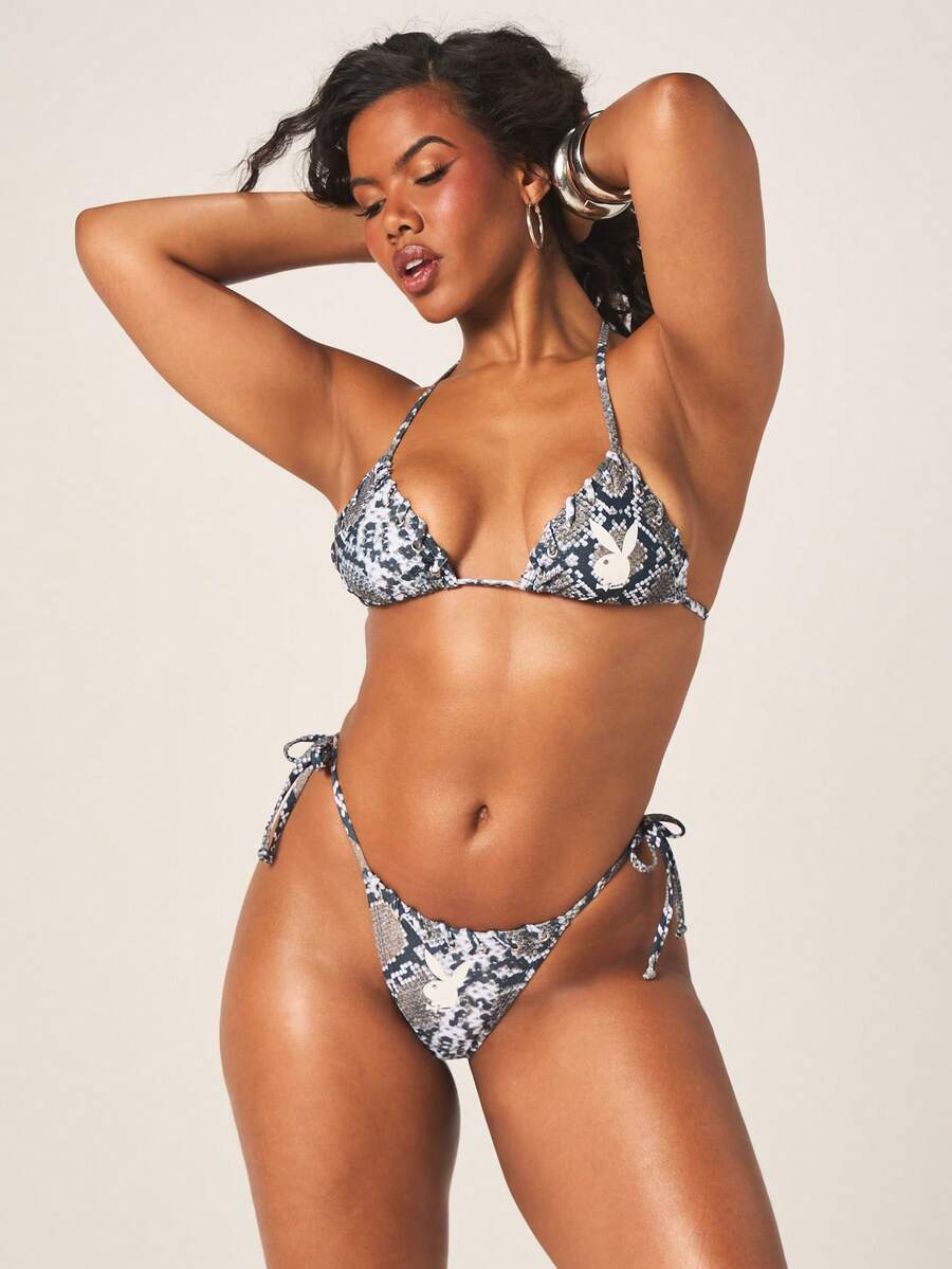 Missguided x Playboy Snake Print Triangle Bikini Set With Halter Top And String Bottom - Multicolor - View 1