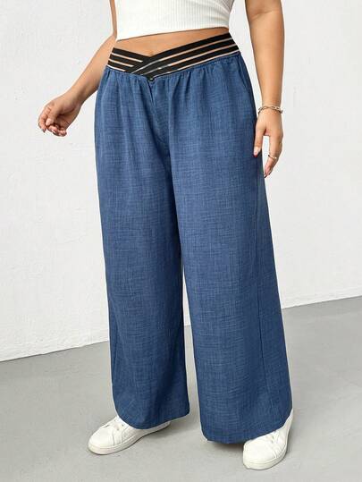 SHEIN Essnce Plus-Size Women's Spring/Summer Fashion Casual Loose Comfortable Everyday Basic Versatile Slimming Elastic Waistband Blue Wide-Leg Pants,Women Bottom,Spring Outfits, Baggy Pants Spring Casual Bottom For Women
