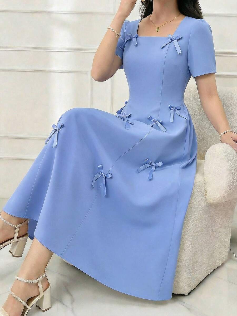 SHEIN Teen Girl Square Neck Regular Shoulder Bow Decor Long Hem Dress, Suitable For Party Or Everyday Wear, Spring/Summer/Autumn - Blue - View 1