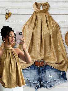 GlowEve New Metallic Sheen Loose Fit Sleeveless Collared Blouse, Versatile Casual Shirt For Women - Gold - View 3