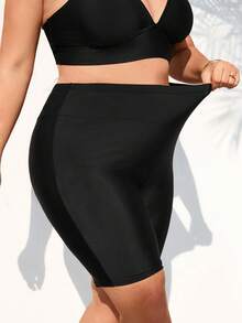 SHEIN CURVE+ Plus Size Women Black Solid Color Beach Swimwear Bottom Shorts - Black - View 6