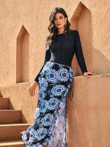 Swim Mulvari Women's Summer Vacation 3-Piece Set: Black Long Sleeve Jumpsuit, Printed Long Pants, And Modest Floral Maxi Dress Swimwear Beach Outfit - Black - View 3