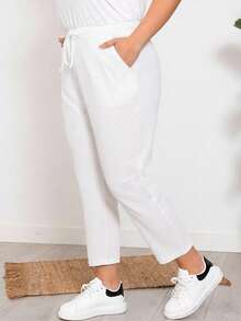 EMERY ROSE Pantalones casuales de unicolor con cordón y bolsillo para mujer talla grande - Blanco - Ver 5