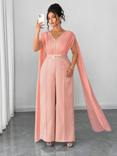 Elenzga Bộ jumpsuit dài tay không tay cổ chữ V bằng chiffon phối nhiều mảnh dành cho nữ cỡ lớn, kiểu dáng thanh lịch, giản dị, thắt eo bằng dây xích kim loại, màu hồng, thích hợp cho mùa hè.