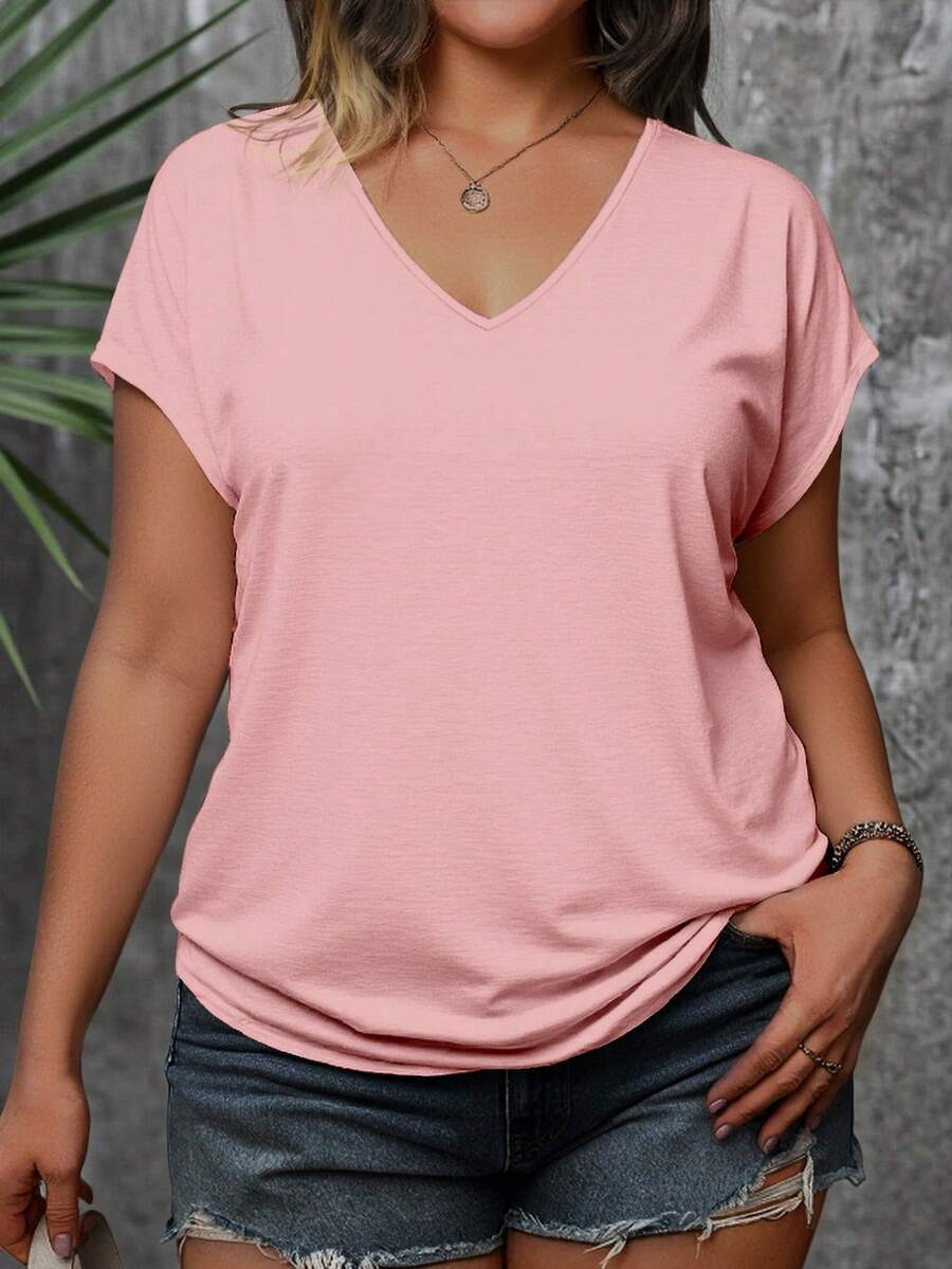 EMERY ROSE Plus Size Women V-Neck Raglan Sleeve T-Shirt, Casual & Comfortable Top - Multicolor - View 1