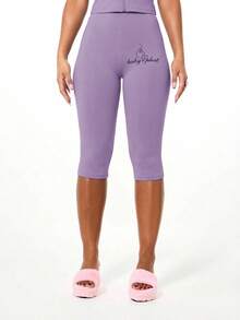 BABYPHAT Women's Purple Lavender Basic Jersey Capri Leggings With Script Text Print Comfortable Mid Length Casual Bottoms - Lilac Purple - View 5
