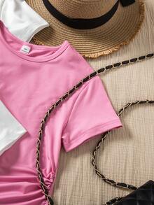 Sparklyn 3 piezas Camisetas ajustadas de manga corta y cuello redondo con bajo asimétrico para niñas, en negro, blanco y estampado de leopardo, blusas casuales de verano - Multicolor - Ver 6