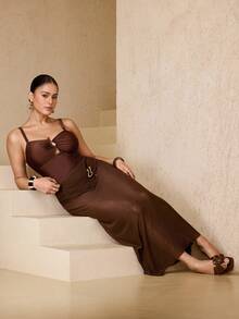 Swim Oasis 新款夏季海滩度假棕色优雅金属配饰镂空连体泳衣，海岛度假装，大码 - 棕色 - 查看 6