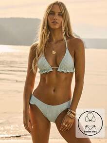 Aralina Summer Resort Vacation Beach Western Gingham Ruffle Triangle Bikini Set With Swim Bag - Mint Green - View 5