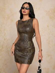 2026 New vestidos casual  Vestido mini con bandeau de PU sexy y vintage de moda para mujer, atuendo para el Día de la Madre, atuendos de verano para mujer, vestido de graduación, ropa de ver - Marrón - Ver 4