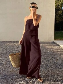 Livesso 两件套女士夏季度假吊带荷叶边上衣和休闲裤套装 - 酒紅色 - 查看 3