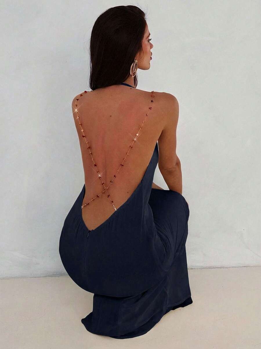 Aloruh 女士性感优雅深V领露背串珠链装饰修身超长连衣裙，浅黄色 - 藏蓝色 - 查看 1