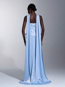 Elitara Elegant Blue Luxury 3D Romantic Beaded Embroidered Lace & Satin Bustier Dress With Mermaid Silhouette High Slit (Detachable Halter Included), Suitable For Weddings, Parties, Galas, Vacations - Blue - View 3